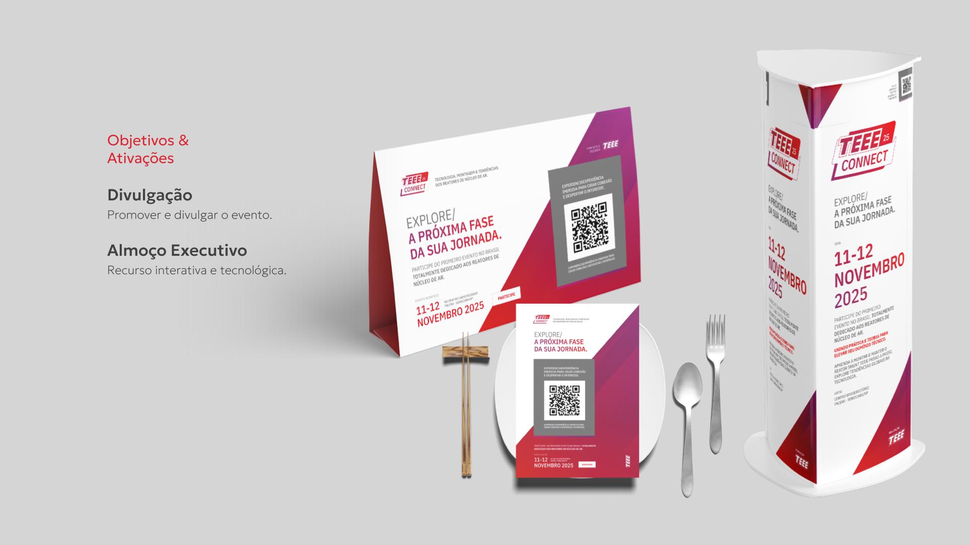 Materiais do almoço executivo do TEEE Connect: display de mesa, totem e cardápio