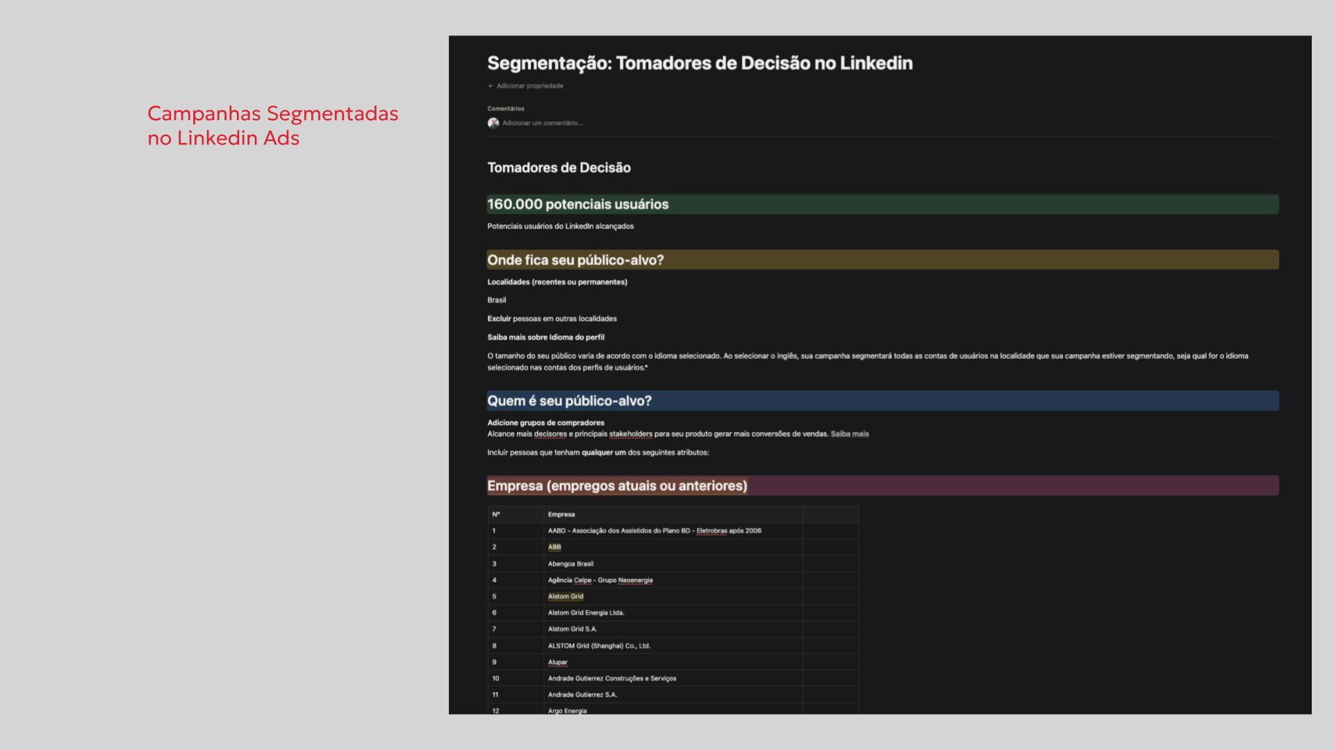 Painel de segmentação das campanhas de LinkedIn Ads por decisores e contas-alvo